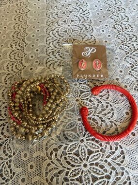 Plunder Gold Beaded Stretch Bracelet, Red Cable Cuff & Pink Gold Earrings $40